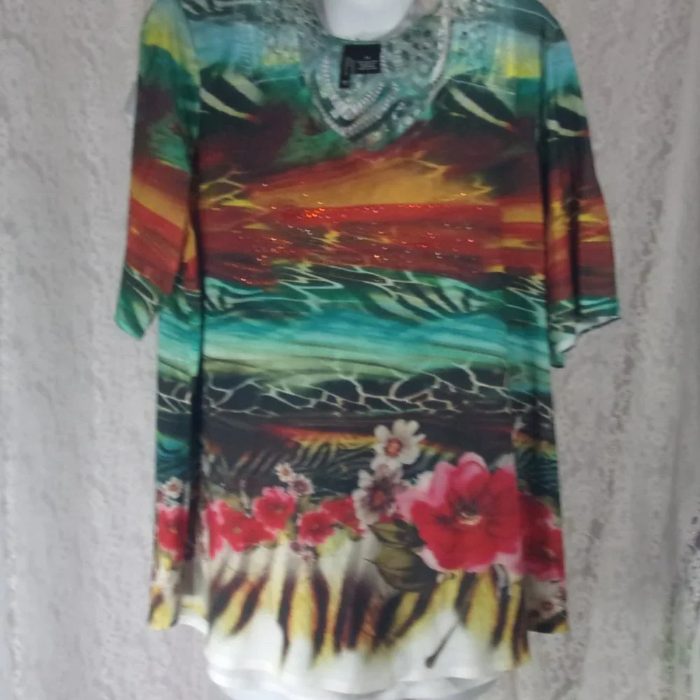 New Direction Tropical Print Green Pink Knit Top  NWOT  Plus 2X